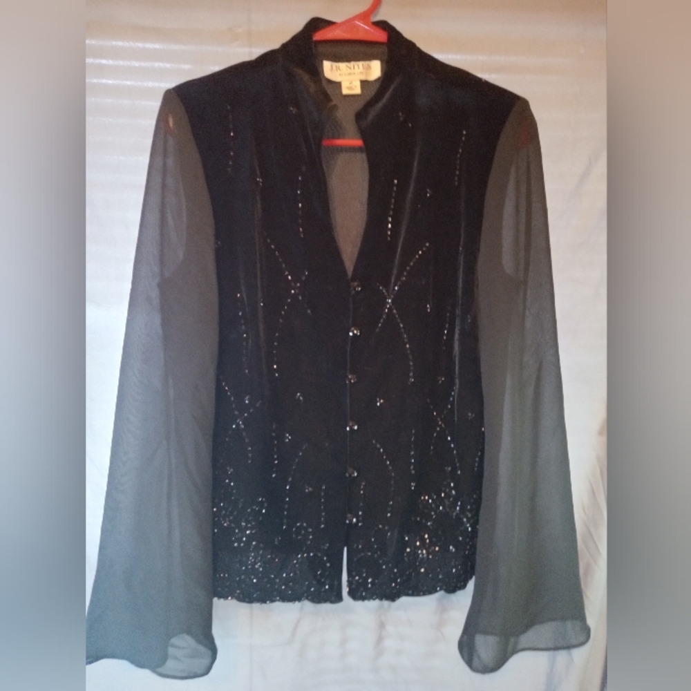 Elegant Jr Nights By Carol Flared Sleeves Beaded Velvet Button Up Top